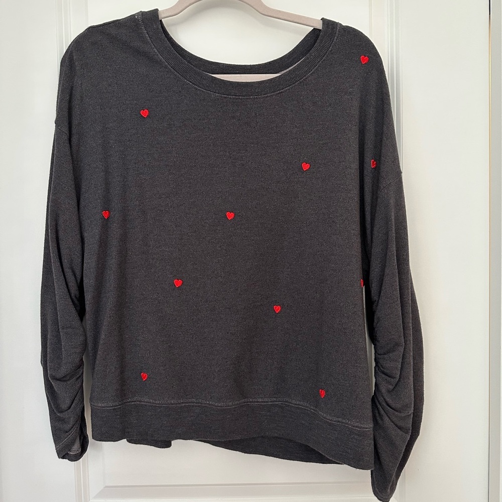 Sundry dark grey sweatshirt with red embroidered hearts.  Ruched sleeves.